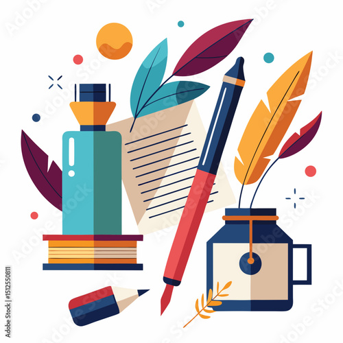National Writing Day Vector Illustration – Pen, Paper, Storytelling, Creativity Theme