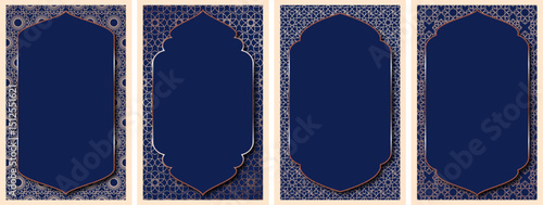 Islamic greeting card set gold luxury style for poster, holiday cover, banner vector