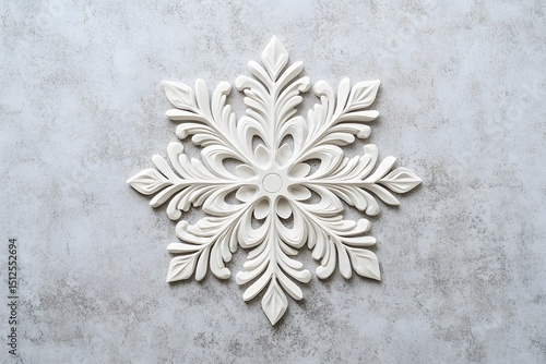 a snowflake with ornate decorative and intricate design shines in winter white frost, symmetrical and elegant with detailed 3D embossed relief