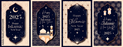 Islamic greeting card set luxury style for poster, holiday cover with mosque, moon crescent, dune sands, arches windows vector