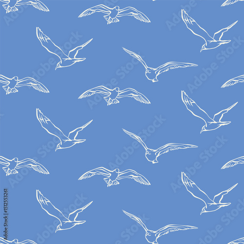 Seagulls seamless pattern. A flock of flying birds seamless pattern on a blue background. Hand drawn line art vector illustration for fabric, wrapping paper, packaging, nautical design, wallpaper.