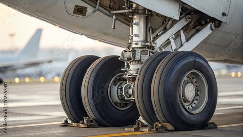 Airplane Main Landing Gear Close Up Heavy Duty Tires and Hydraulic Details