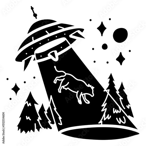 Whimsical ufo and cow abduction illustration