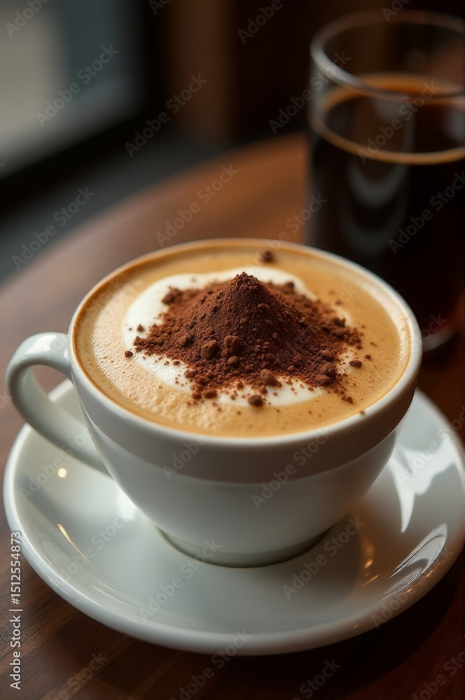 A cup of cappuccino sits on a saucer on a table, perfect for a morning pick-me-up A cup of cappuccino sits on a saucer on a table, perfect for a morning pick-me-up