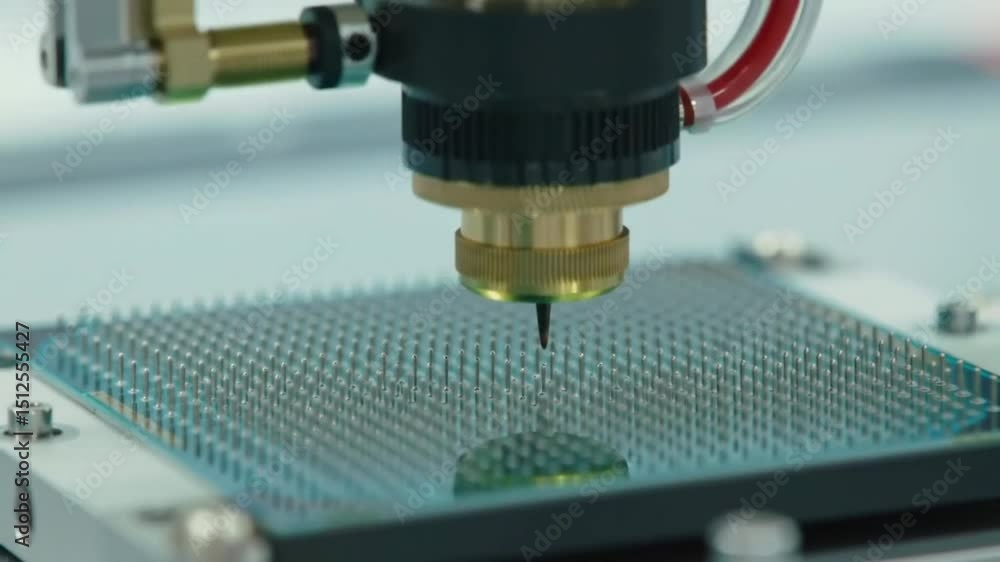 Process of Precision robot working on microchip pins with vacuum tool Process of Precision robot working on microchip pins with vacuum tool