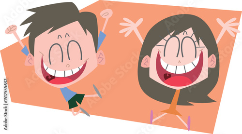 腕を上に上げて満面の笑顔の男女主線なし