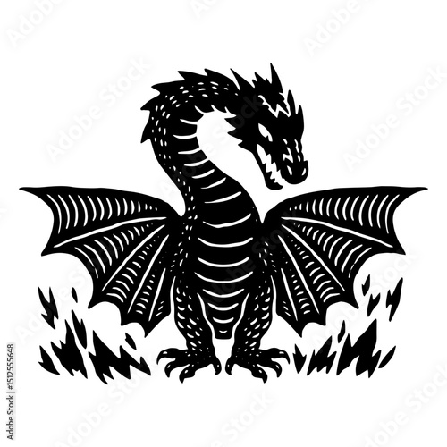 Black dragon amidst flames