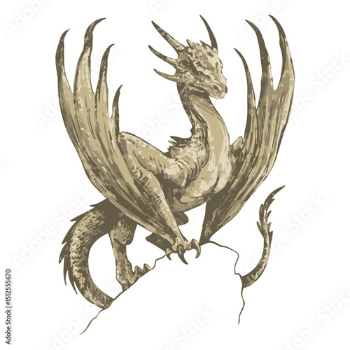 A dragon perched atop a rocky outcrop