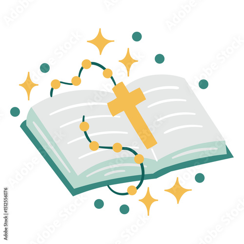 Open book with a cross and stars