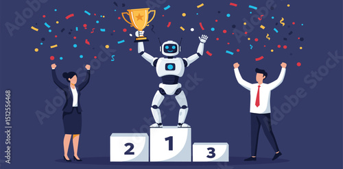 Business winning first place, success or victory, award winner or achievement, champion trophy or career success concept, proud businessman holding winner