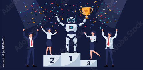 Business winning first place, success or victory, award winner or achievement, champion trophy or career success concept, proud businessman holding winner