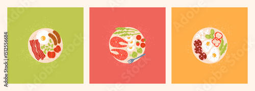 Set of colorful illustrations with different food for breakfast or lunch. Tasty bacon, eggs, fish, vegetables. Various foods are on the plates. Design concept healthy food for print, poster, banner.