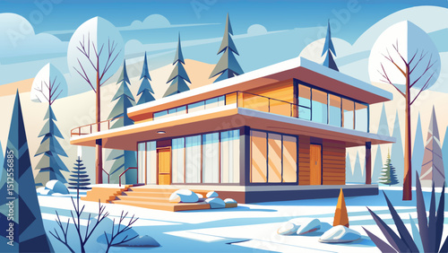 A Scandinavian home with flat roof, light wood accents, wide windows, and white walls. Surrounded by snow-covered trees, it represents clean lines, simplicity, and functional Nordic architecture.

