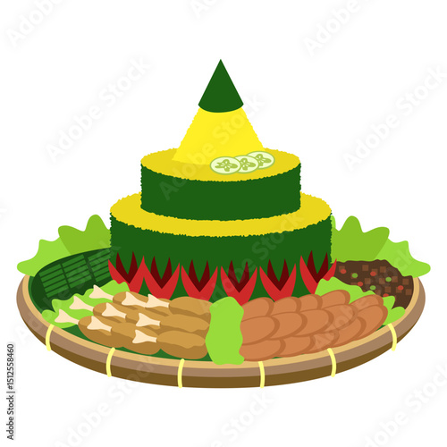 Yellow cone rice with assorted Indonesian side dishes in flat illustration