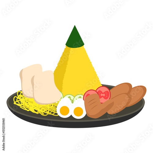 Tiered yellow rice tumpeng with full set of Indonesian side dishes