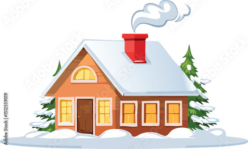 Snow-Covered House with Smoke from Chimney – Winter Holiday Vector Scene