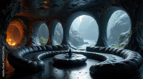 Surreal cave-inspired futuristic living room featuring organic stone textures, a curved black sofa, and arched openings revealing misty cliffs and water.