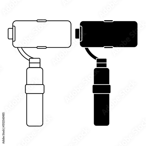Camera Gimbal Stabilizer Outline Icon set, a black and white outline icon of a camera mounted on a gimbal stabilizer, perfect for videography, filmmaking, photography 