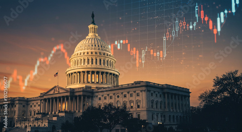 US Capitol Building overlaid with financial charts, economy and politics.

