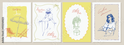 Italian summer vacation posters in hand drawn ink line art. Mediterranean whimsical vintage art in la dolce vita with elegant women, coastal decor, beach chairs. Vector sketch for retro poster, card.