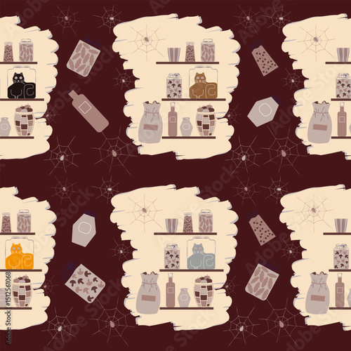 Seamless pattern. omical animal-themed vector illustration showing a curious black cat trapped inside a transparent jar on a pantry shelf. Perfect for animal lovers and humorous pet-related designs.
