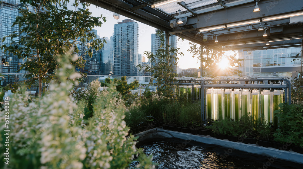 Obraz premium Sunlight piercing through transparent tubes of algae bioreactors on a rooftop urban farm