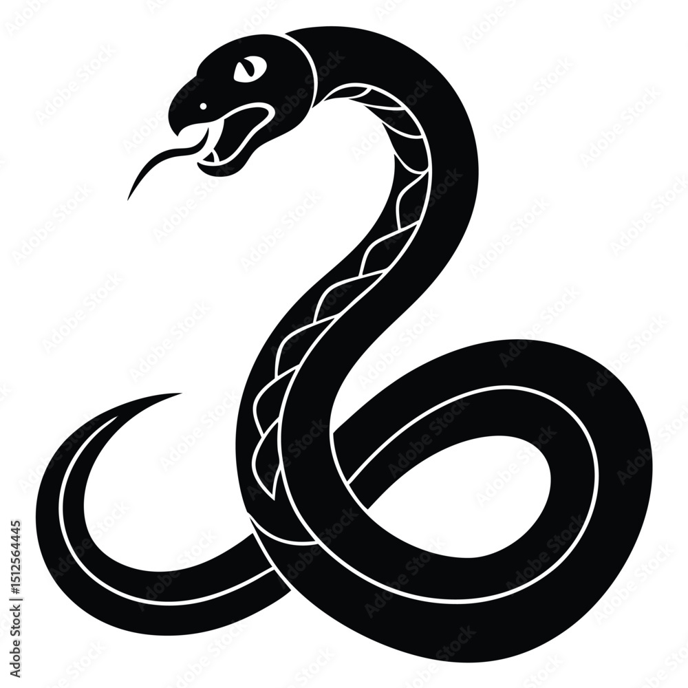 Naklejka premium Cobra snake silhouette vector art illustration black, snake graphic icon snake black silhouette isolate vector, Coiled snake silhouette vector illustration of a cartoon of a snake vector illustration.