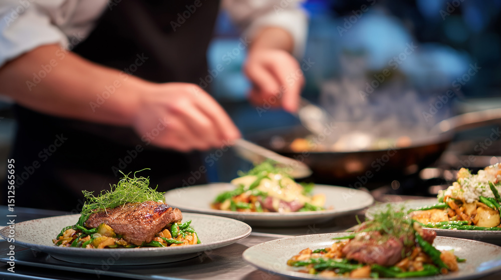 Close-up of a chefâs hands plating gourmet dishes in a bustling Michelin-starred kitchen, steam and motion blur adding drama Close-up of a chefâs hands plating gourmet dishes in a bustling Michelin-starred kitchen, steam and motion blur adding drama