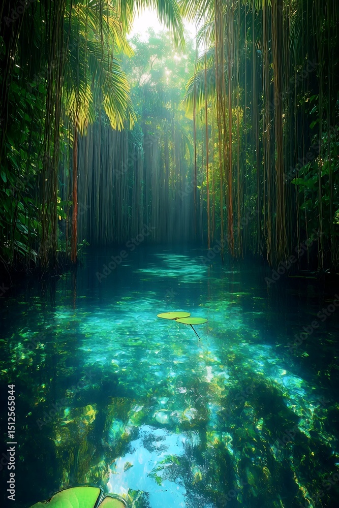 Obraz premium Emerald Paradise: An ethereal vista of a serene, crystal-clear body of water snuggled by lush, dense foliage. Sunlight filters through the canopy.