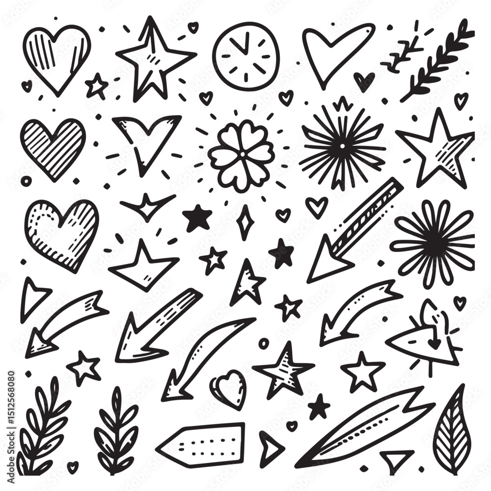 Fototapeta premium cute glitter pen line elements. Heart, arrow, star, sparkle decoration symbol set. Simple sketch line style emphasis, attention, effect hand drawn shapes. Vector illustration 