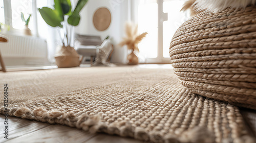 Detail close up besiege fiber rug on wooden surface texture foreground. Jute mute carpet, rug closeup