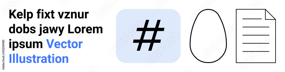 Obraz premium Bold text, a hash symbol on a blue square, abstract egg outline, and document icon. Ideal for branding, digital art, social media, UI, UX minimalism and simple landing page