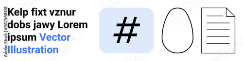 Bold text, a hash symbol on a blue square, abstract egg outline, and document icon. Ideal for branding, digital art, social media, UI, UX minimalism and simple landing page