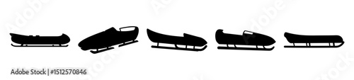 Five black sled silhouettes in varying shapes and orientations on white