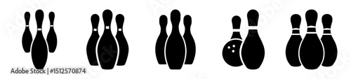 Different arrangements and styles of bowling pins and a bowling ball