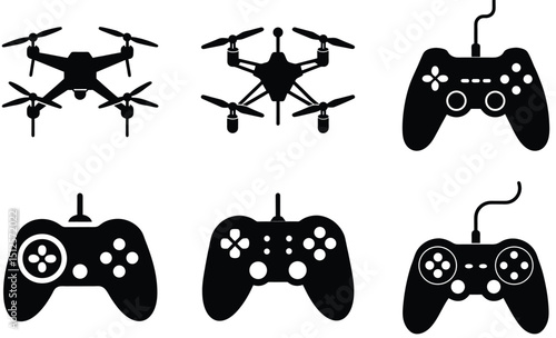 Black and white illustrations of drones and gaming controllers on white background