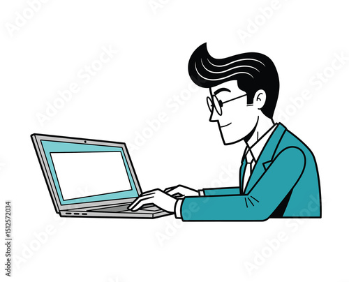 Cartoon Businessman Working on Laptop for "Conference 2024"