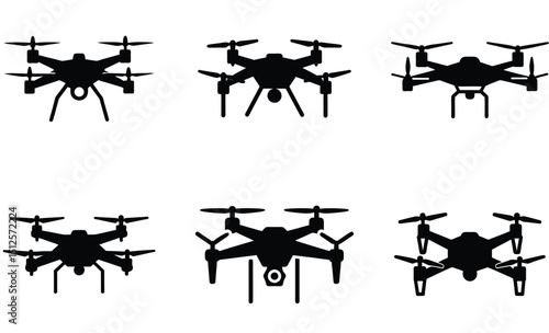 Collection of black drone silhouettes perfect for technology and aerial imagery related concepts