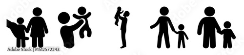 Various depictions of a parent and child stick figure silhouette illustrations