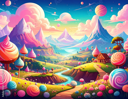 Whimsical candy land fantasy landscape dreamy mountains