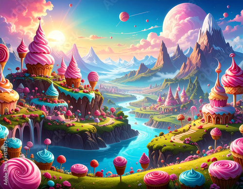Whimsical candy land cupcake village fantasy landscape