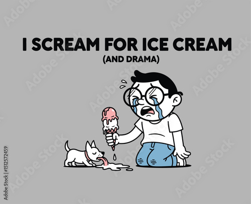 "I Scream For Ice Cream (And Drama)" - Funny Crying Boy Cartoon Illustration