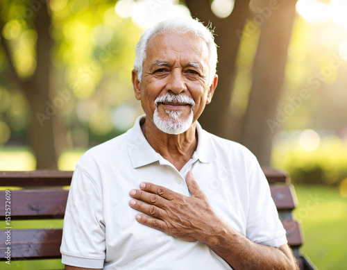 Happy senior man sitting on a park bench hand on heart