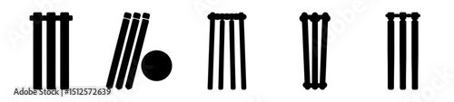Abstract graphic depicting cricket wickets and ball in various states of play