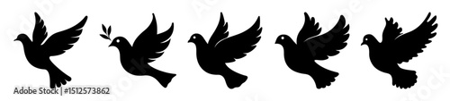 Collection of Flying Dove Silhouettes Symbolizing Peace Freedom and Spirituality in Black