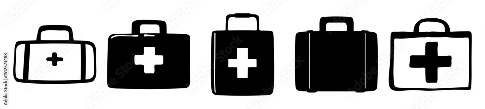 Variety of simple First Aid Kit bags silhouettes in black and white Variety of simple First Aid Kit bags silhouettes in black and white