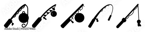Black and White Fishing Rod Silhouettes with Varying Designs and Attachments