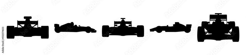 Naklejka premium Silhouette illustration showcasing Formula 1 racing cars from various front and side angles