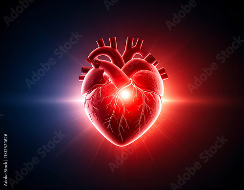 Human heart anatomy medical illustration red glowing