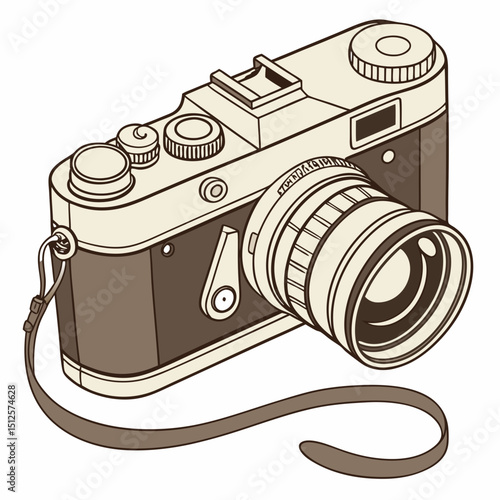 Vintage camera with a lens and strap viewed from a high angle perspective in a detailed illustration